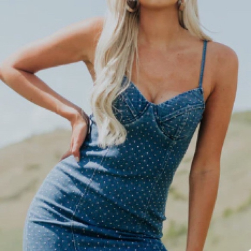Medium Wash Knee Length Denim and Rhinestone Dress